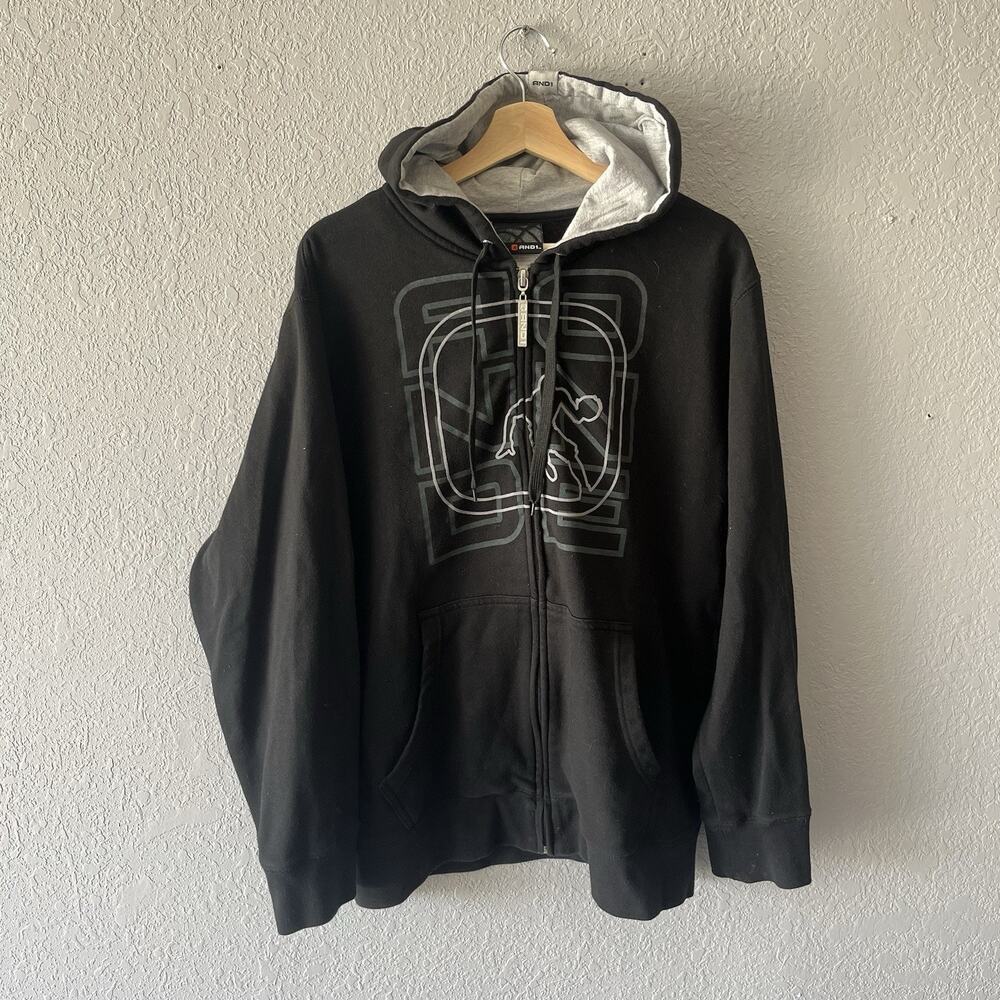 Vintage AND1 Black Zipup Hooded Sweatshirt Mens Large Grunge Skater 2000s Hoodie